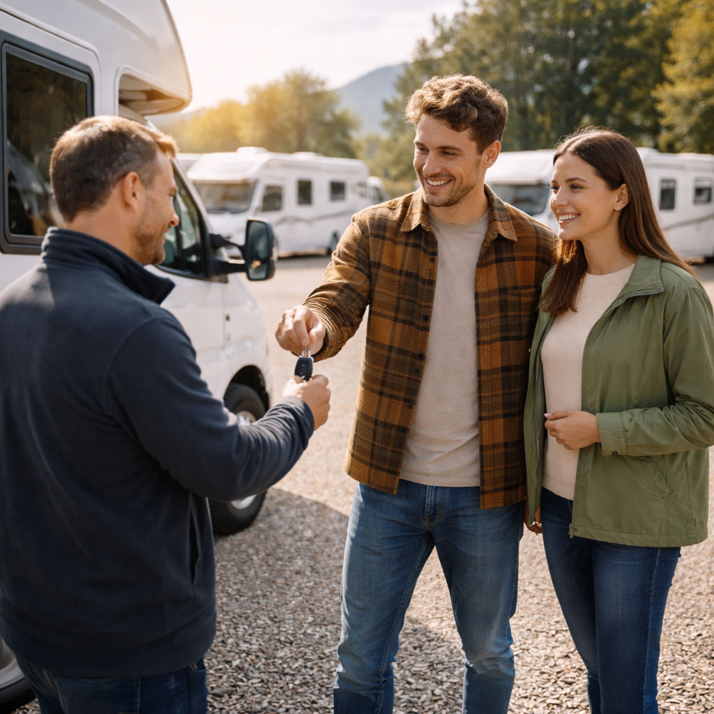 Verkäufer übergibt einem jungen Paar die Schlüssel zu einem Wohnmobil